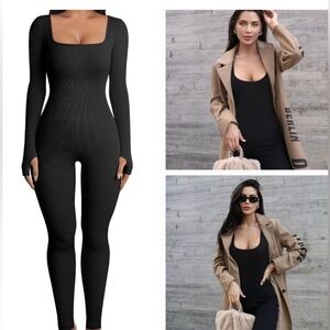 OQQ Black Ribbed Long Sleeve Jumpsuit